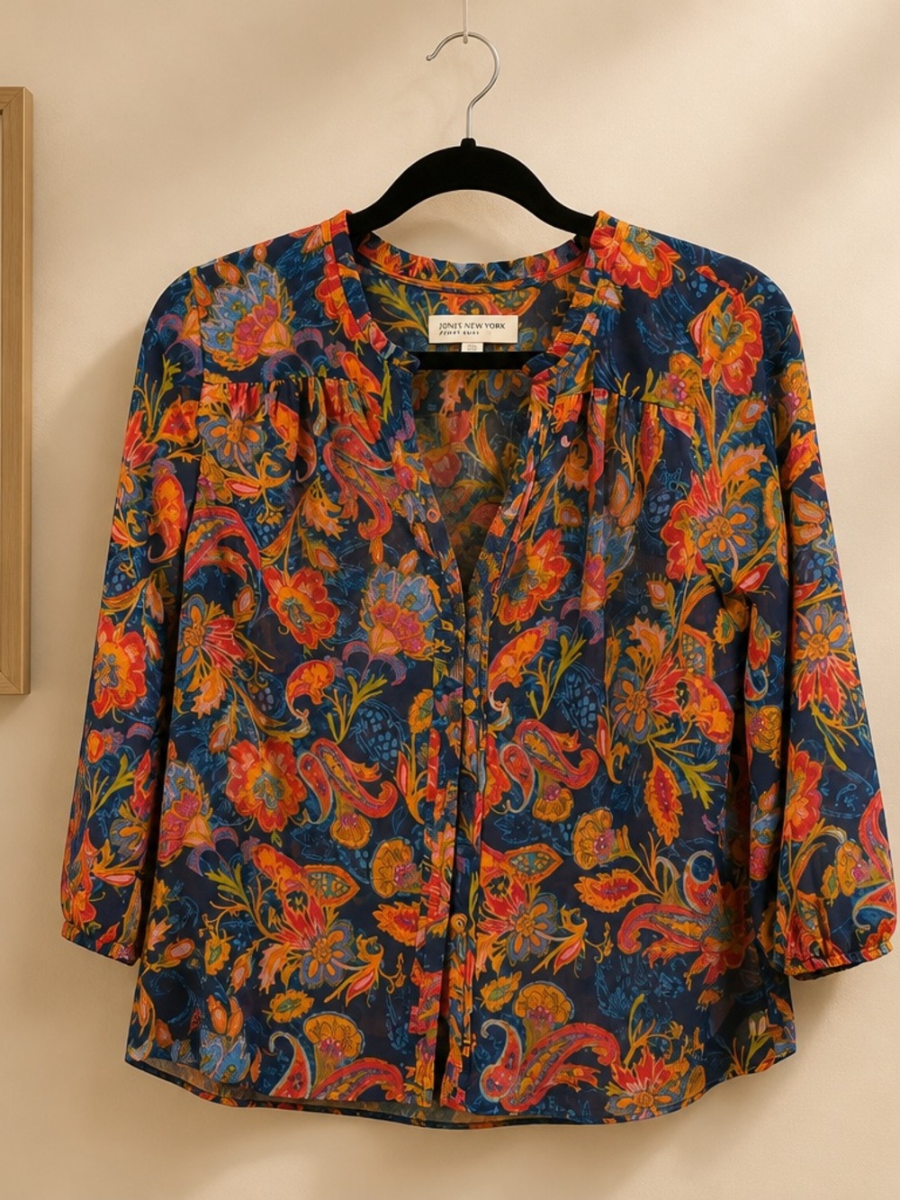 Jones New York Navy Floral Paisley Blouse with Orange Accents
